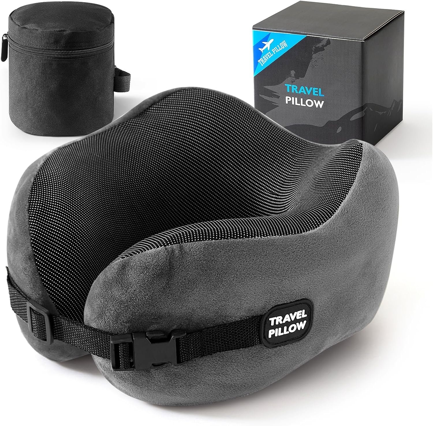 Neck Pillow Travel Pillow – 100% Pure Memory Foam Airplane Pillow with Adjustable Clasp & Removable Cover, Portable Travel Essentials for Long Flights, Car & Office (Dark Gray)