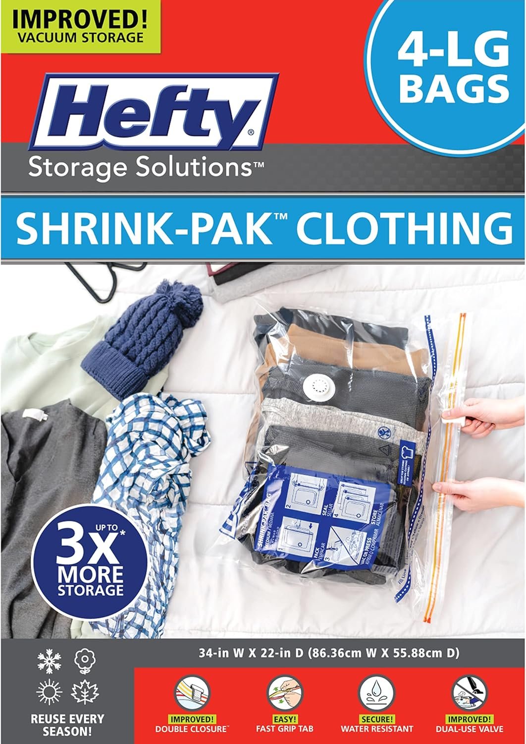 Hefty Shrink-Pak – 4 Large Vacuum Storage Bags for Clothes, Pillows, Towels, or Blankets – Space Saver Vacuum Sealer Bags Ideal Under Bed Storage Solutions