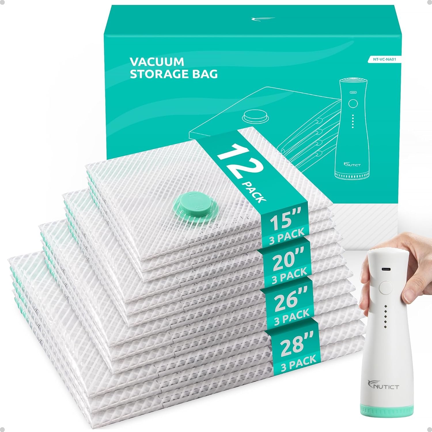NUTICT 12 Pack Vacuum Storage Bags for Travel with Rechargeable Electric Pump, Long-Term Reusable Vacuum Seal Bags for Clothes and Blankets Compression, Carry-on Space Saver for Luggage and Suitcase