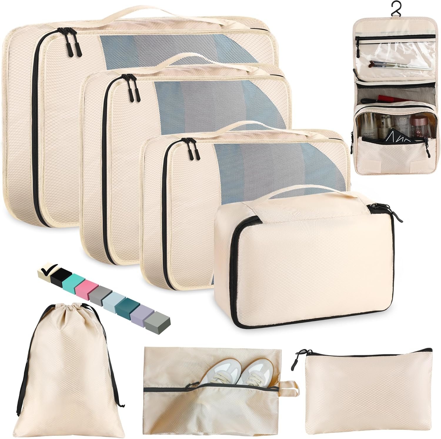Toncoke 8-Piece Packing Cubes for Travel, 2026 Upgraded Durable Zippers & Reinforced Mesh, Complete Luggage Organizer Set with Shoe/Toiletry/Laundry Bags, 4 Sizes for Suitcase, Men Women, (Beige)