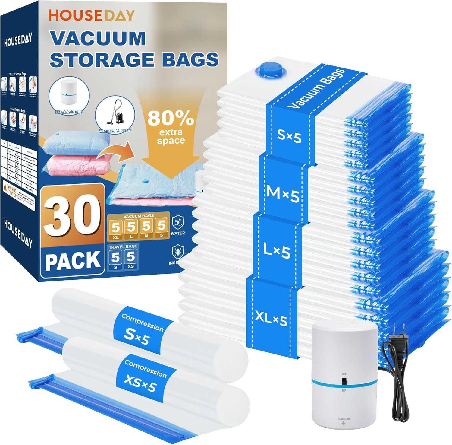 HOUSE DAY 30 Pack Vacuum Storage Bags with Electric Pump, 4 Sizes + 2 Roll-Up (5 Each), Space Saver Vacuum Seal Bags for Clothing, Bedding, Pillows, Travel – Airtight Seal, Reusable & Durable