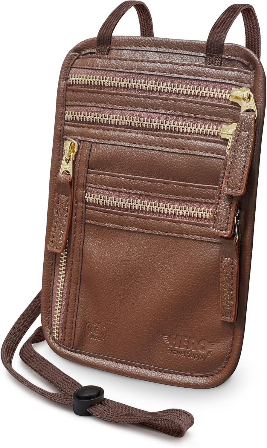 HERO Neck Wallet – RFID Blocking Passport Holder, Easy to Conceal Travel Pouch (Vegan Leather Brown)