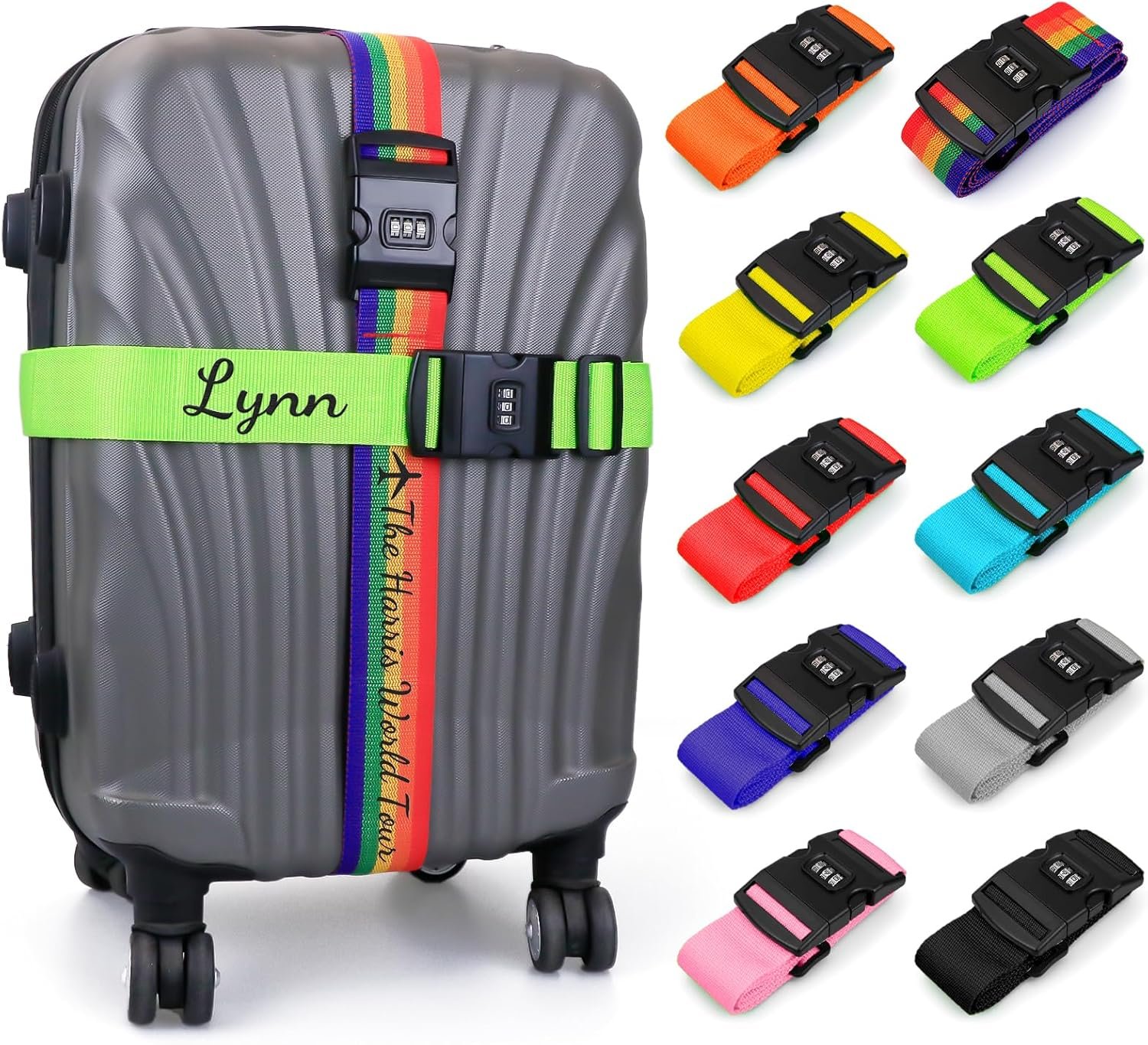 Personalised Luggage Straps with Locks for Suitcases, 2 Pack – Custom Luggage Strap with Name Embroidery, Thick Luggage Belt, Travel Suitcase Identity Straps Stitched, Heavy Duty Lockable Luggage