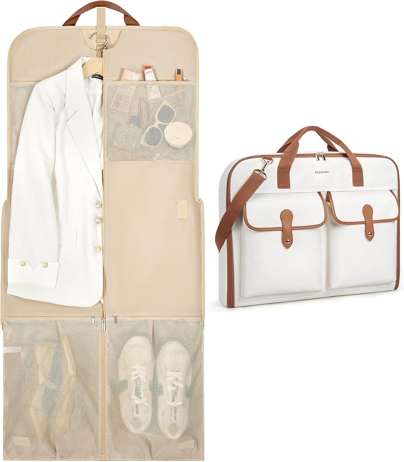 BAGSMART Large Garment Bags for Travel, Carry on Garment Bags for Hanging Clothes, Travel Suit Bag for Shirts Dresses Coats, Beige