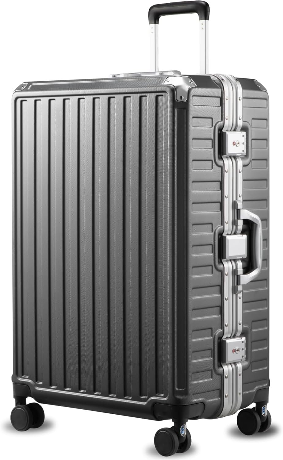LUGGEX Checked Suitcase with Spinner Wheels, 8010S Aluminum Frame Zipperless Polycarbonate Hard Shell Suitcase (ZX-Core, Charcoal Metallic, 28 Inch)