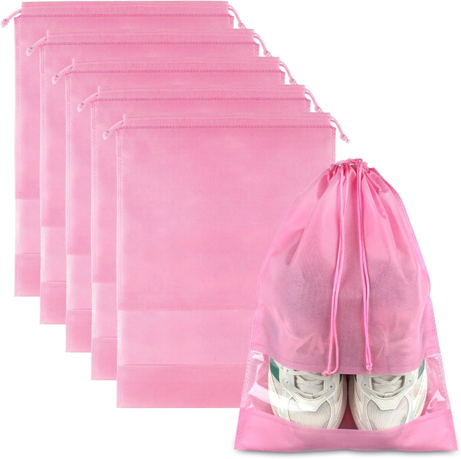 Pink Travel Shoe Bags – 5 Pcs Non-Woven Drawstring Packing Bags with Clear Window (15.7″ x 11.8″)