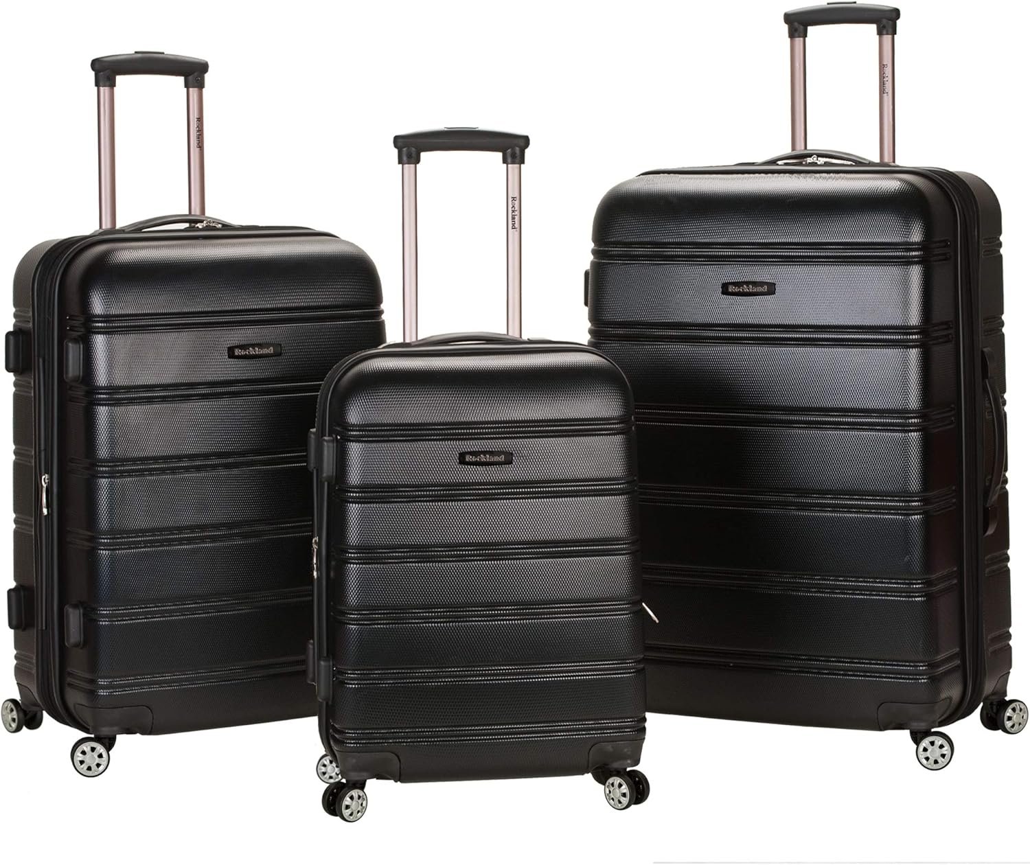 Rockland Melbourne Hardside 3 Piece Expandable Spinner Wheel Luggage Set, (20″/24″/28″), Black