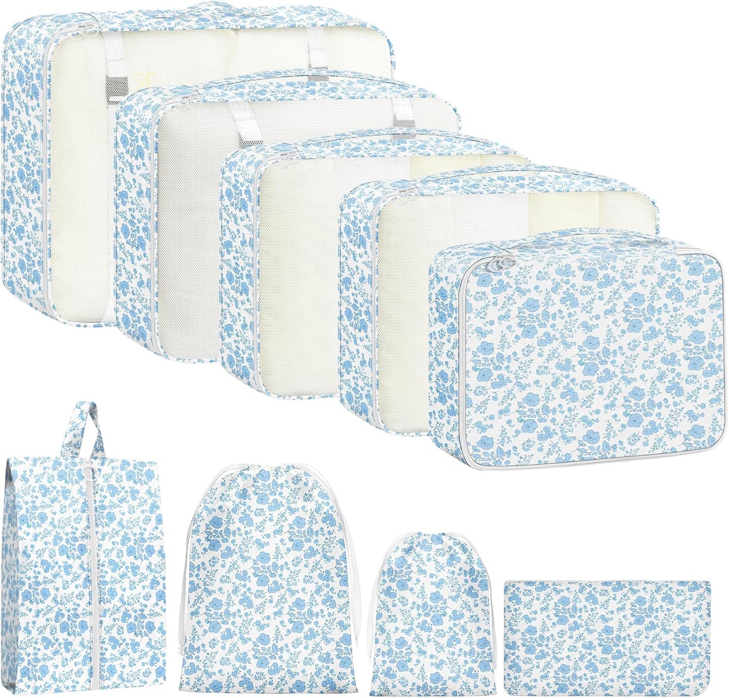 9 Set Packing Cubes for Travel Essentials – Lightweight Carry-On Luggage Organizer Bags with Shoe, Clothes & Laundry Bags for Airplane, Family & Business Travel, Blue flowers