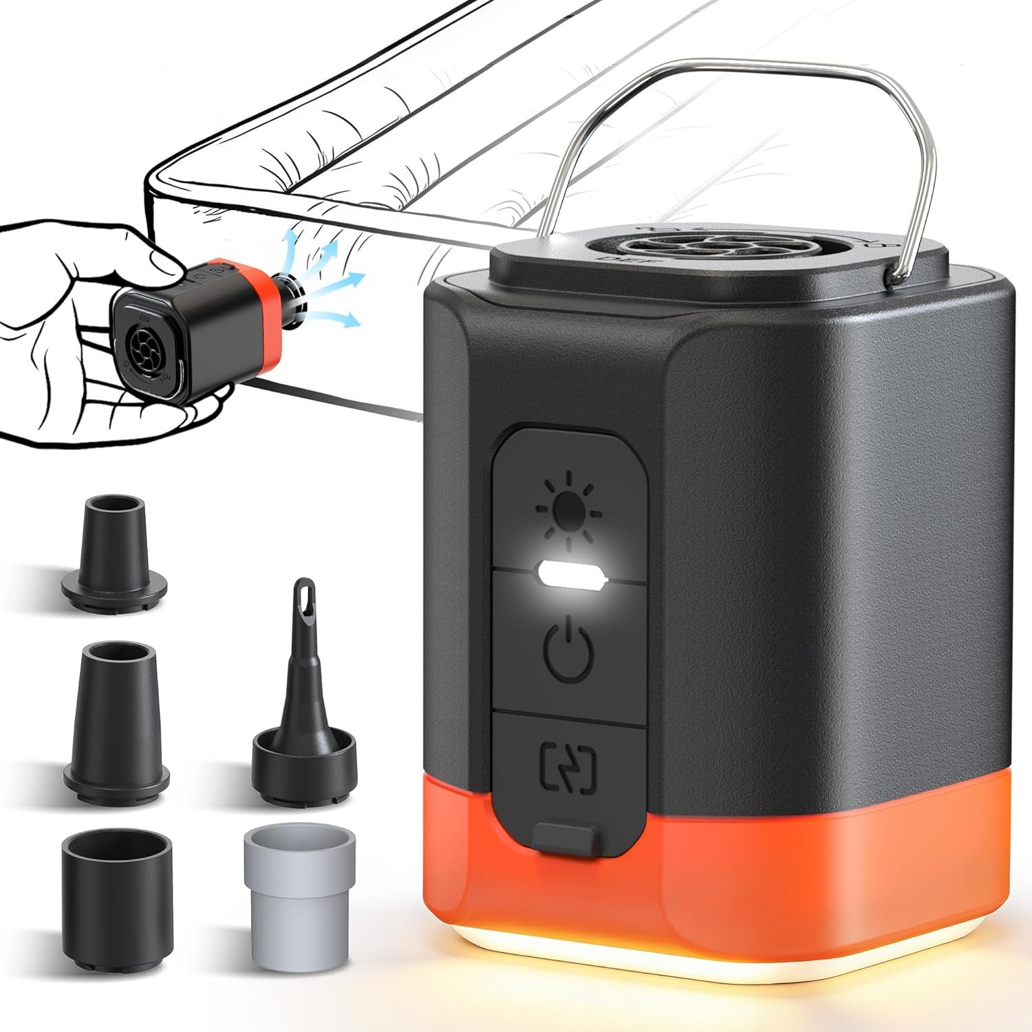 Portable Electric Air Pump for Inflatables, 2600mAh Fast Air Mattress Pump with Efficient Heat Dissipation, 3 Lighting, 5 Nozzles, Inflate Deflate for Sleeping Pads, Pool Floats, Vacuum Storage Bags