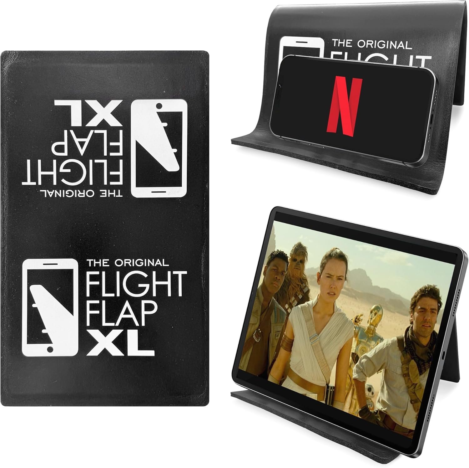 Flight Flap Airplane Tablet Holder, Flexible Cell Phone and Tablet Holder Extra Large 12×7”, Folding Cellphone Stand for Desk, Kindle, Bed, Airplane Gadgets Long Travel Essentials (Black)