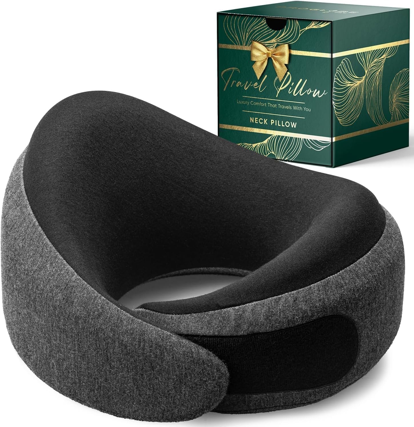 Proglobe Luxe Memory Foam Travel Neck Pillow for Airplanes, Ergonomic 360° Support with Soft Chin Support, Organic Cotton Cover, Compact Compression Bag, Ash Black