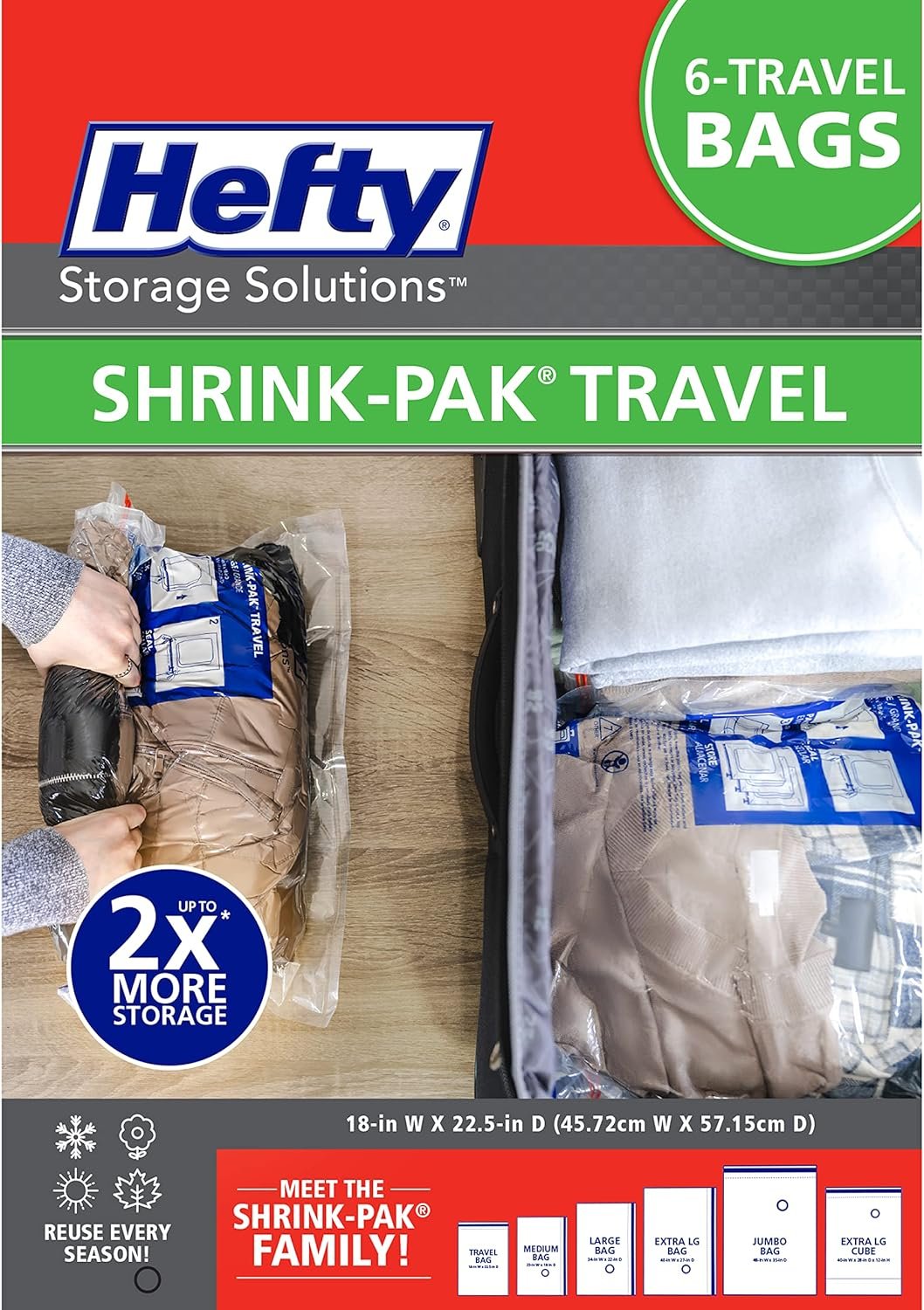 Hefty Shrink-Pak Large Travel Bags – Airtight Storage Bags for Maximum Space Saving, Travel Essentials, Ideal for Packing, Durable, Reliable Compression with Sealed Protection