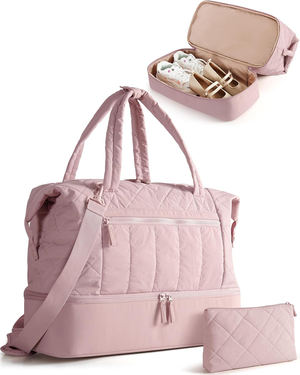 Smasrob Quilted Duffle Bag with Shoe Compartment and Wet Pocket, Weekender Duffel Bag With Laptop Sleeve and a Separate Pouch for Travel, Gym, Hospital Labor Delivery, Pink