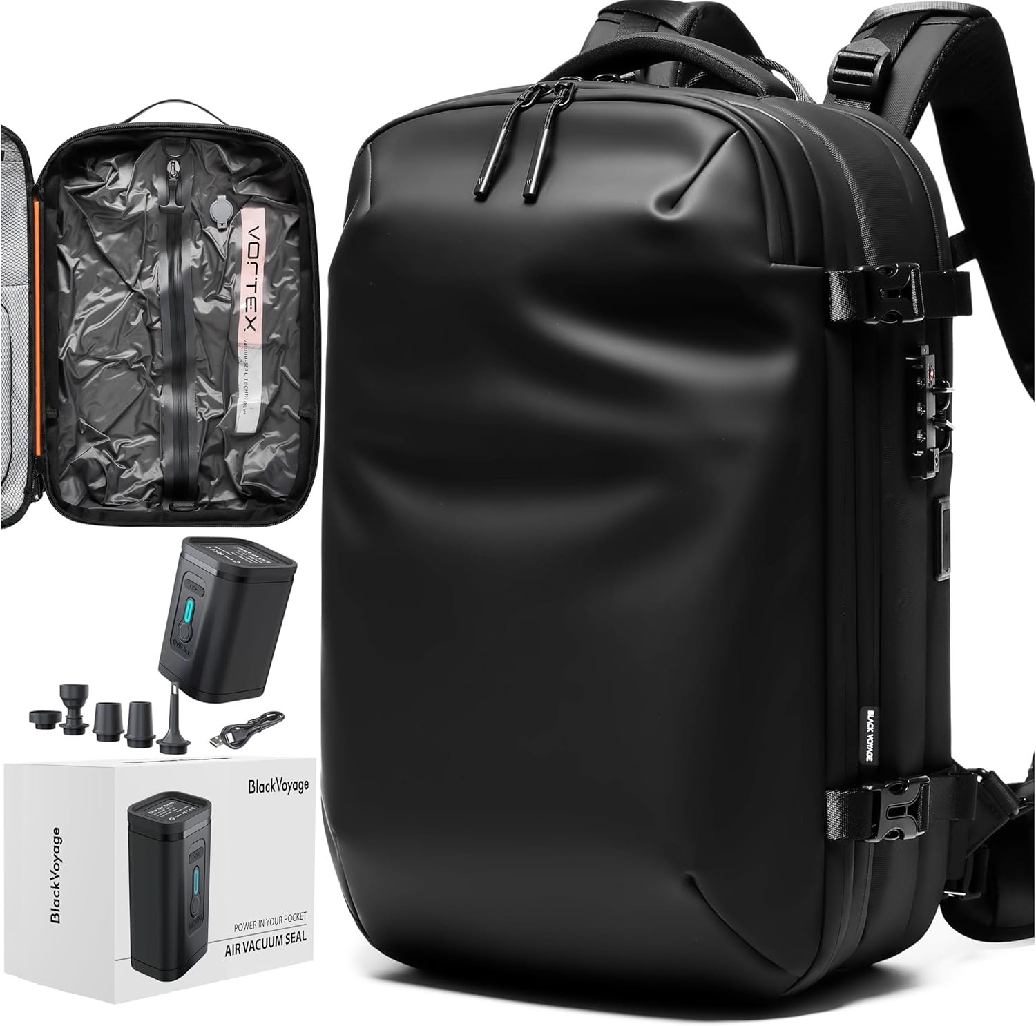 BlackVoyage Vortex Vacuum Seal Travel Backpack 60L Expandable Air Compression System Water Resistant TSA Lock Carry-On Suitcase Luggage Black Zephyr – Vacuum Pump Included