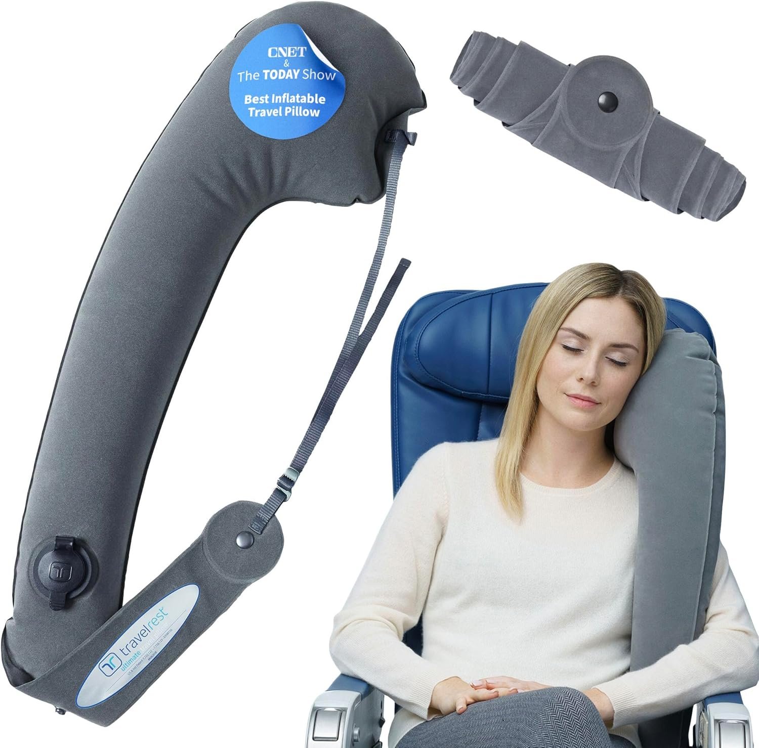 travelrest Ultimate Inflatable Neck Support & Body Pillow – Airplane Pillow for Long Flight Comfort, Travel Essentials, Sleeping Accessories, Headrest Support Seat for Car (Grey)
