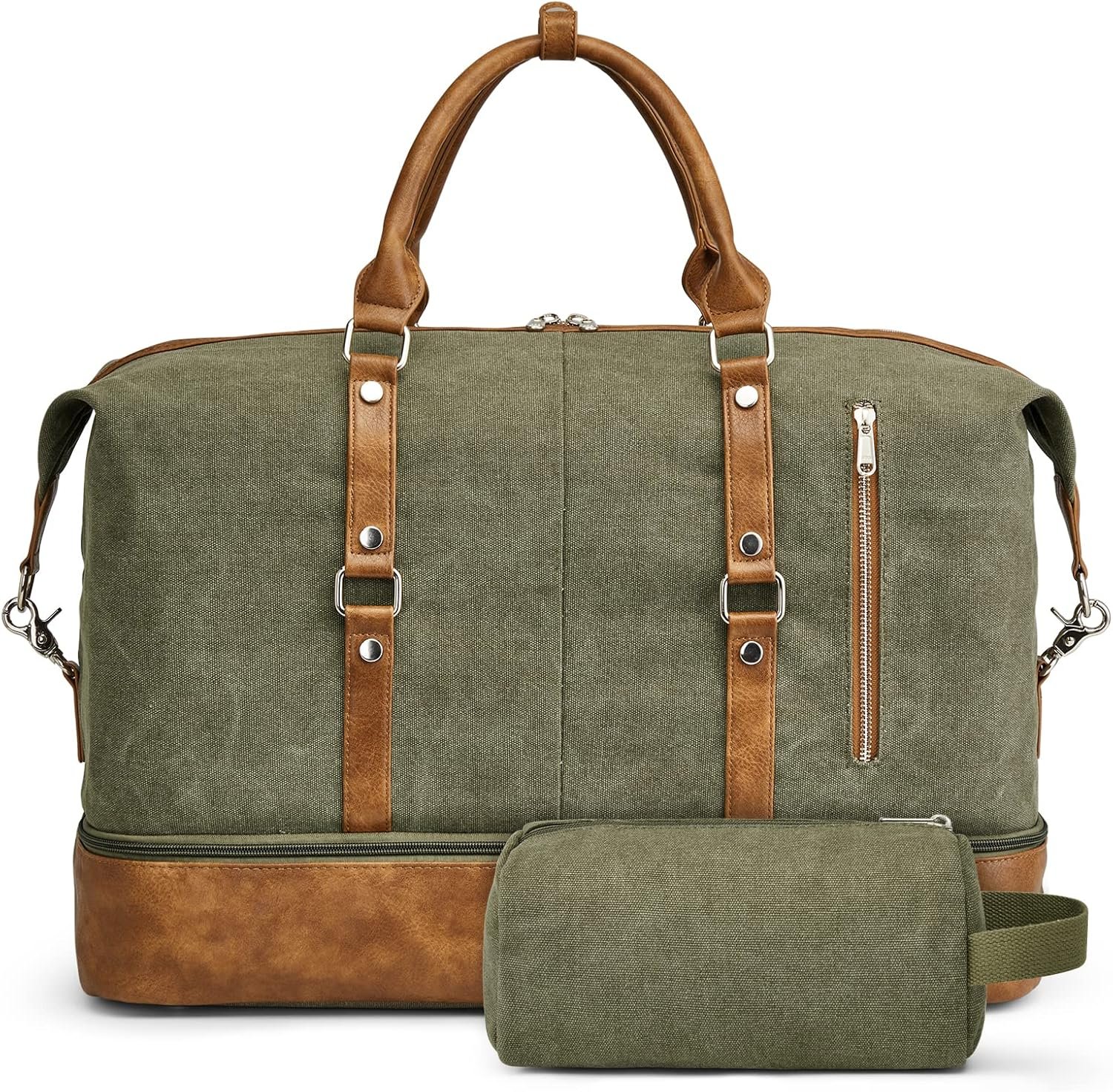 S-ZONE Weekender Bag for Men Canvas Duffle Large Weekend Overnight Travel Carry On Tote Bag with Shoe Compartment (Army Green)