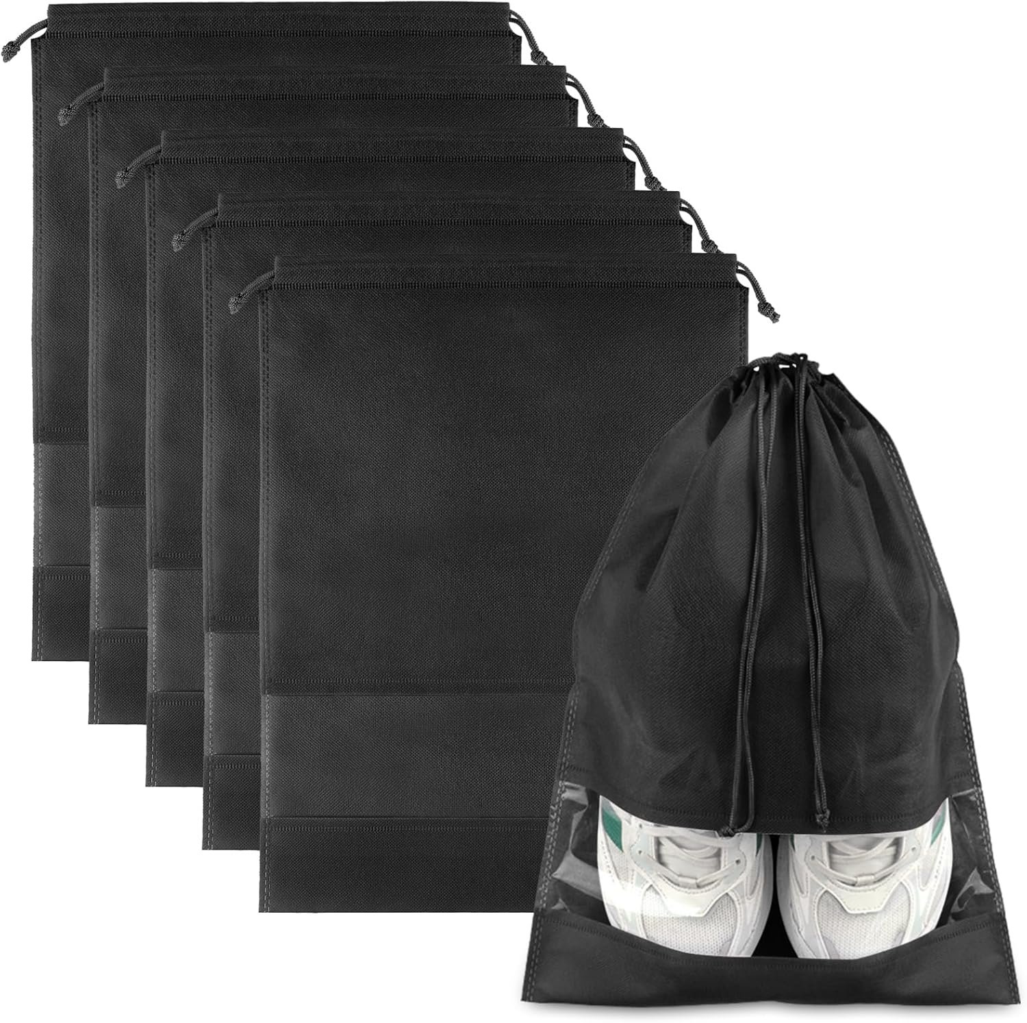 Large Black Travel Shoe Bags – 5 Pcs with Clear Window, Non-Woven Drawstring, 12.6″ X 17.3″ for Men Women