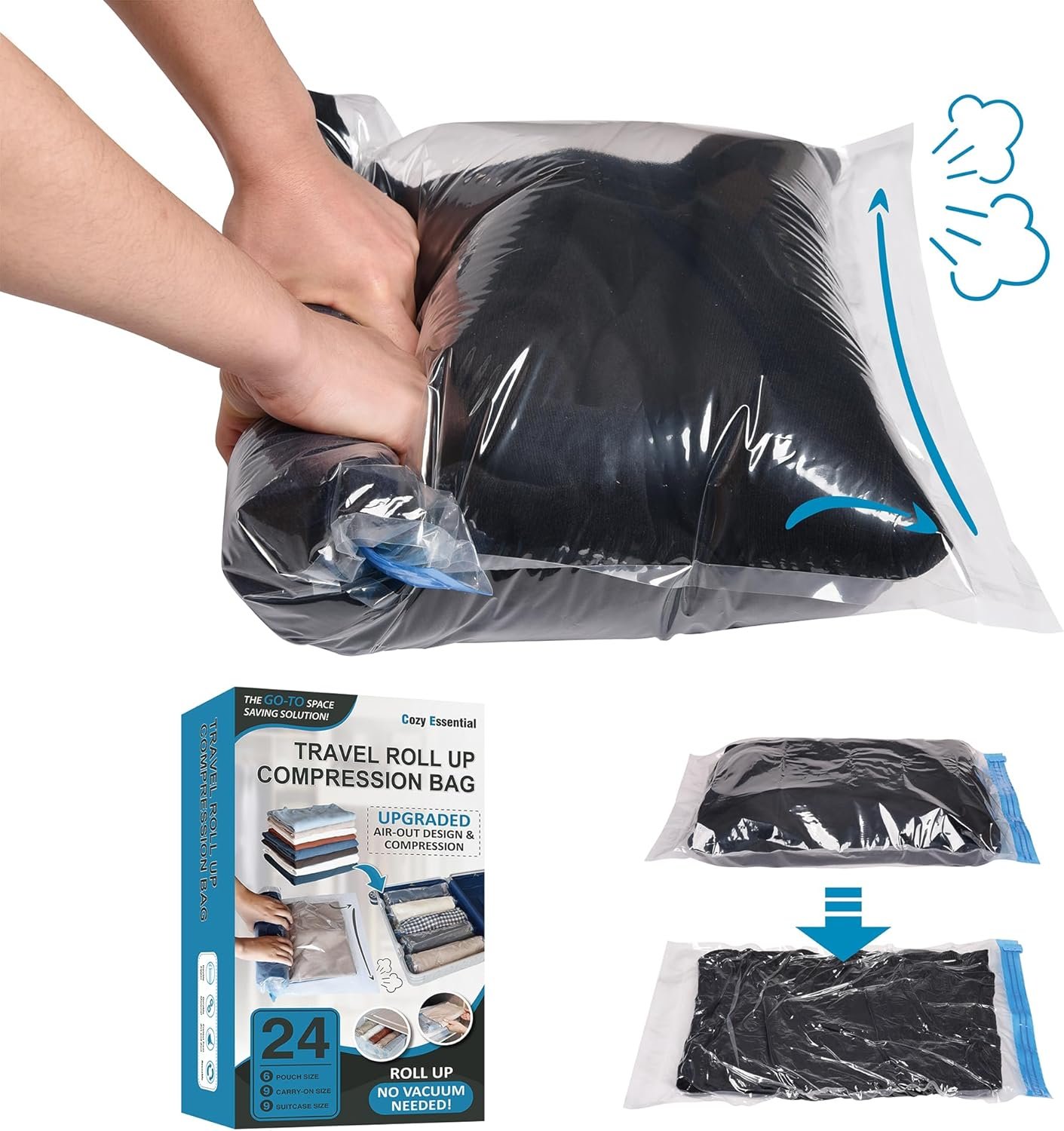Cozy Essential Compression Bags for Travel – Travel Essentials – 24 Pack Space Saver Bags – No Vacuum Needed – Compression Packing Bags for Cruise Accessories