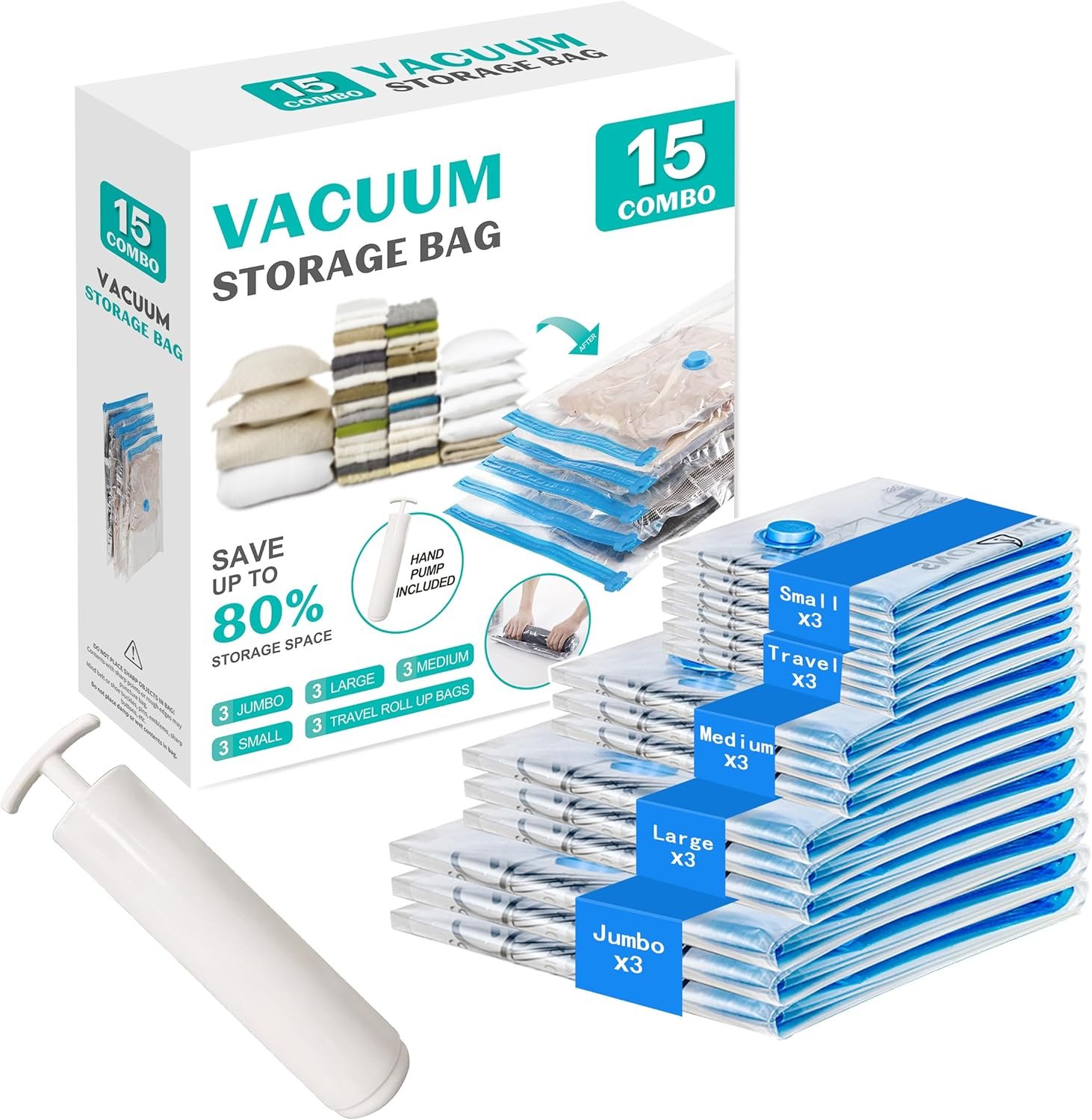 15 Pack Vacuum Seal Bags for Clothing &Travel, Space Saver Vacuum Storage Bags for Blankets,Luggage,Clothes,Comforter, Hand Pump Included (3 Jumbo,3 Large,3 Medium,3 Small,3 Roll）