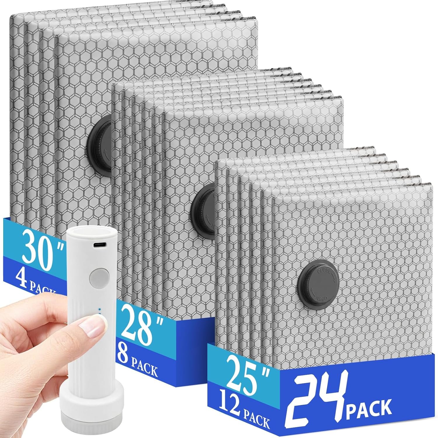 Vacuum Seal Bags for Clothing Travel with Rechargeable Air Pump, Carry-on Size Vacuum Bags for Travel, Space Saver for Clothes 24 Combo Size