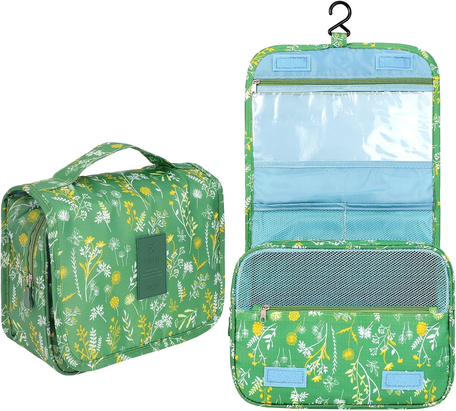 Pengxiaomei Hanging Toiletry Bag, Green Floral Waterproof Cosmetic Bag Portable Makeup Pouch Wash Bag with Handle for Woman Teen Girls Tea Party Summer Camp
