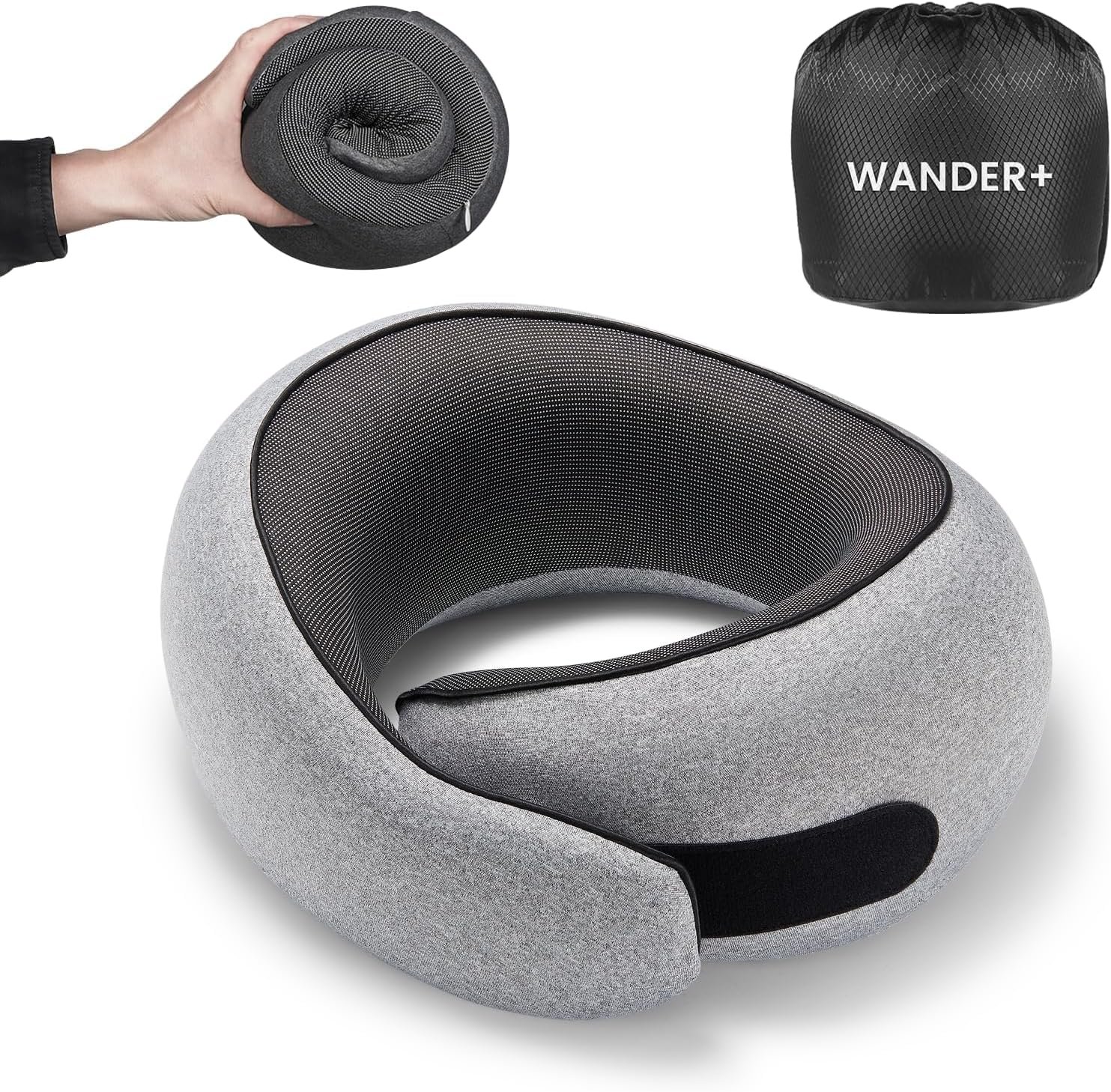 WANDER PLUS Travel Neck Pillow, Pure Memory Foam Neck Pillow for Airplanes, Comfortable Breathable Cover, 360 Degree Support Ergonomic Design Best for Sleeping Plane Train Travel Essentials Max Grey