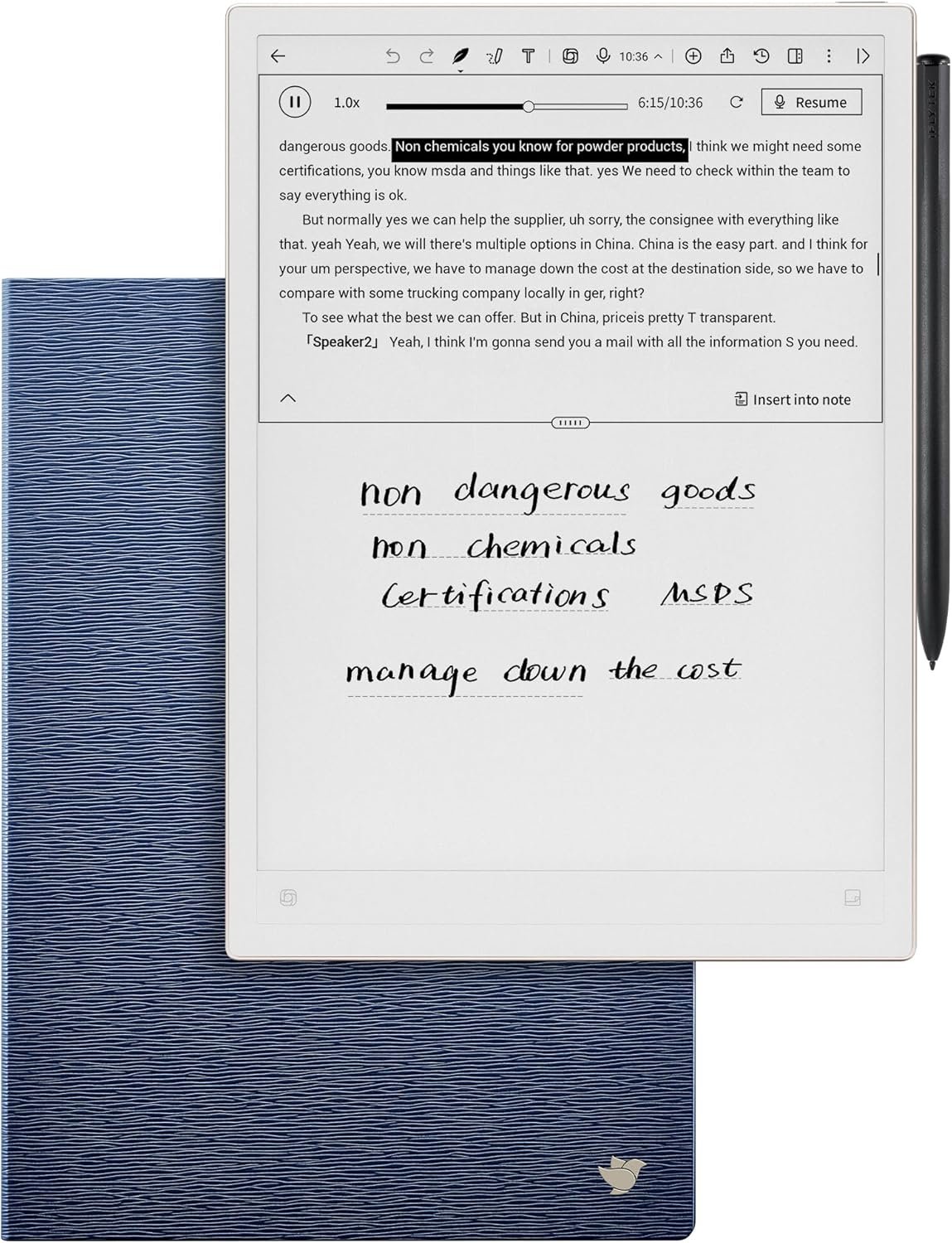 iflytek AINOTE 2 Bundle with Deep Navy Folio Case, 10.65″ E-Ink Tablet, AI Note Taking Digital Notebook for Meeting, Voice-to-Text, 16-Language Transcription, Handwritten-to-Text, Ultra-Thin 4.2mm