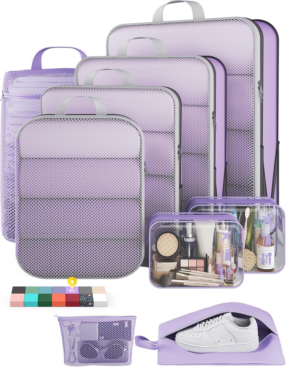 Veken 9/11 Set Compression Packing Cubes for Travel Essentials,Compressible Expandable Large Luggage Suitcase Organizer Bags for Clothing,Durable Space Saver Storage Bags(Light Purple)