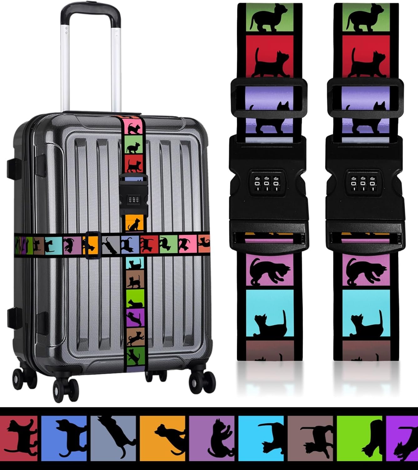 Luggage Straps for Suitcases Travel Belt Luggage Band with Lock Heavy Duty Traveling Luggage Identifier Cat Colorful Cute Women Girls Unique Accesory Personalized