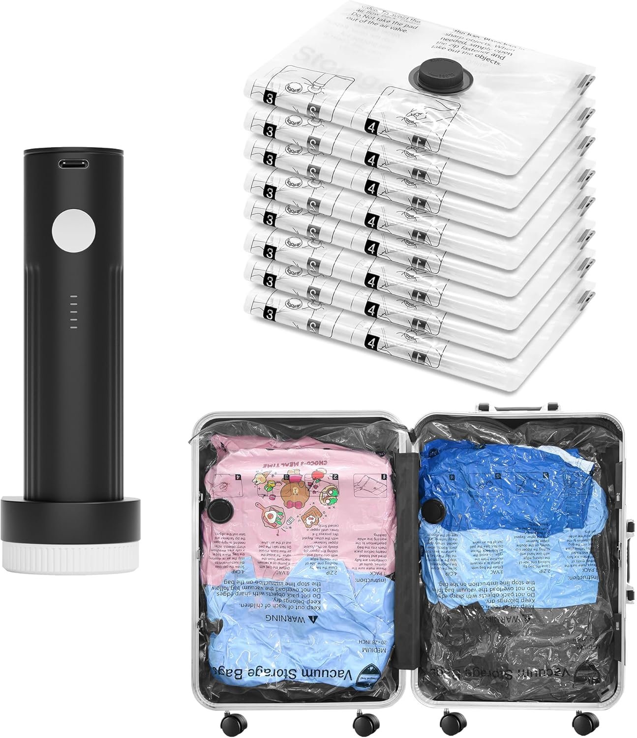 Vacuum Seal Bags for Clothing Travel and Home Storage, Travel Vacuum Bags with Electric Pump, Space Saver Compression Packing Cubes for Luggage Suitcase Bedding Blankets Clothes, 8 Small