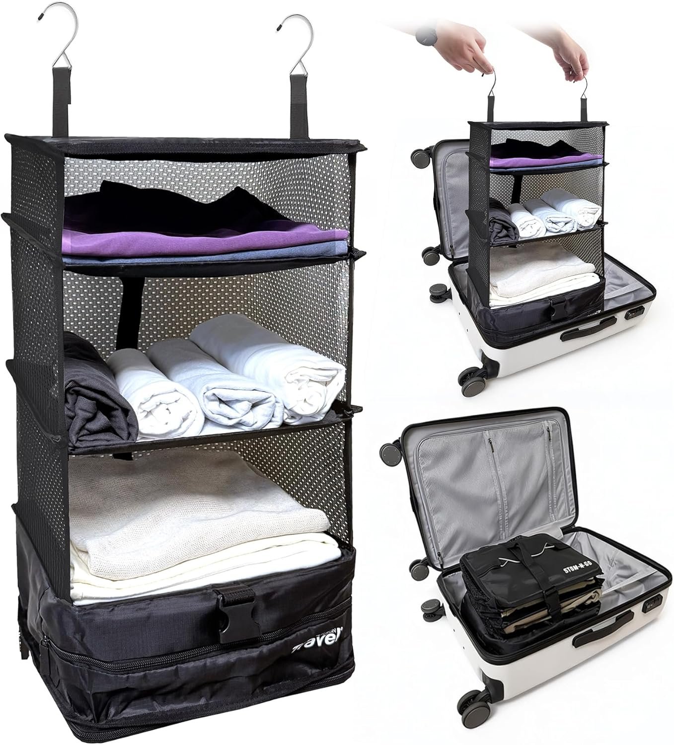 Grand Fusion Stow-N-Go Hanging Travel Shelves, Packing Organizer for Luggage. Carry on Closet for Suitcase. Expandable Packing Cube. Travel Essentials. (Black – L, L = (L) 11.8″ x (W) 11.8″)