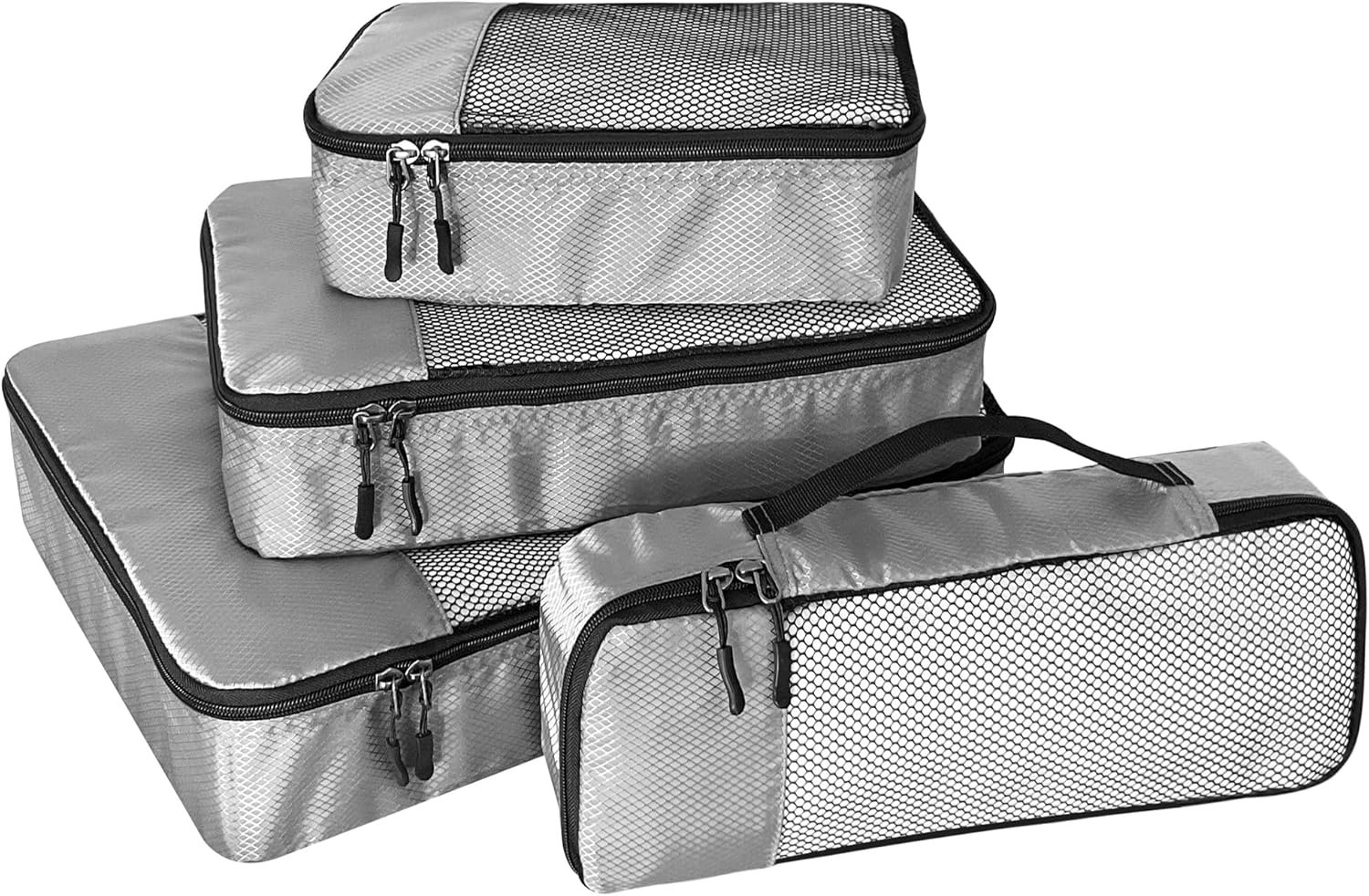 WTREE 4-Piece Packing Cubes Travel Accessories Set for Suitcases – Luggage Organizer Bags with Double Zipper – Mesh Top – Small/Medium/Large/Slim – Grey