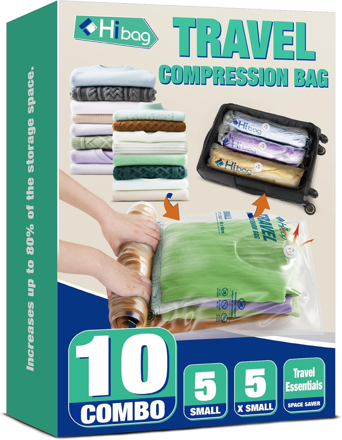 Travel Zipper Storage Bags,Travel Essentials Roll Compression Bags for Cruise Luggage Accessories, 5 Luggase Size 5 Carryon Size (10 pack)