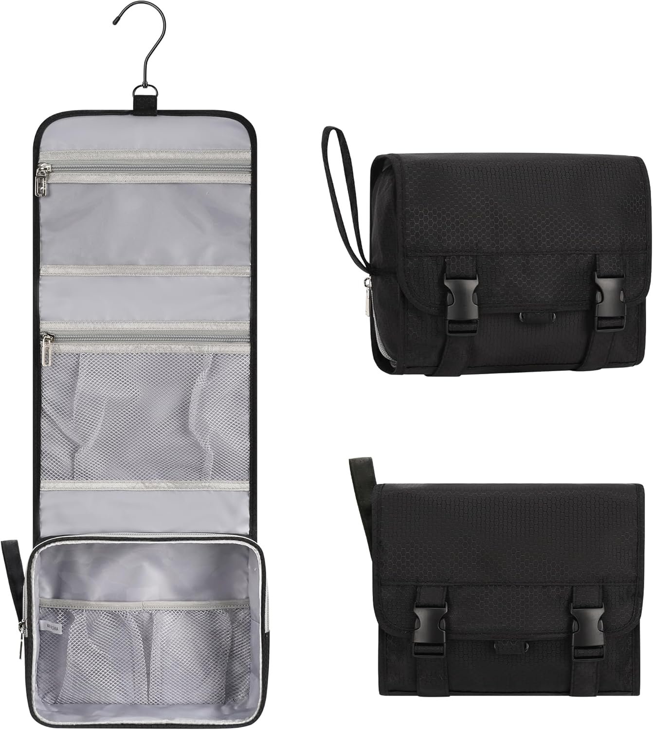 Small Hanging Toiletry Bag for Men and Women, Portable Hanging Organizer for Travel-Sized Shower Dopp Kit, Makeup Accessories, Waterproof Toiletries Organizer with 3 Compartments for Outdoor – Black