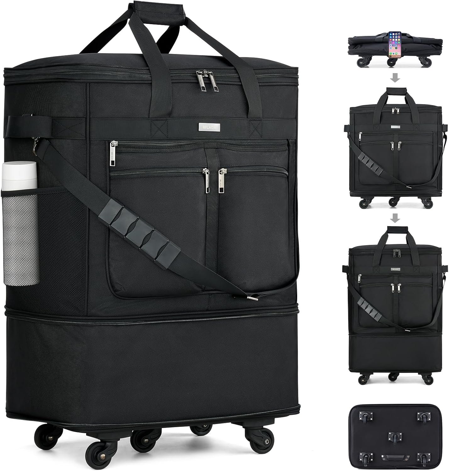 MILADA Expandable Luggage Bags for Travel Foldable Suitcase with Wheels Collapsible Rolling Travel Duffle Bag Lightweight Large Suitcases without Telescoping Handle, Black
