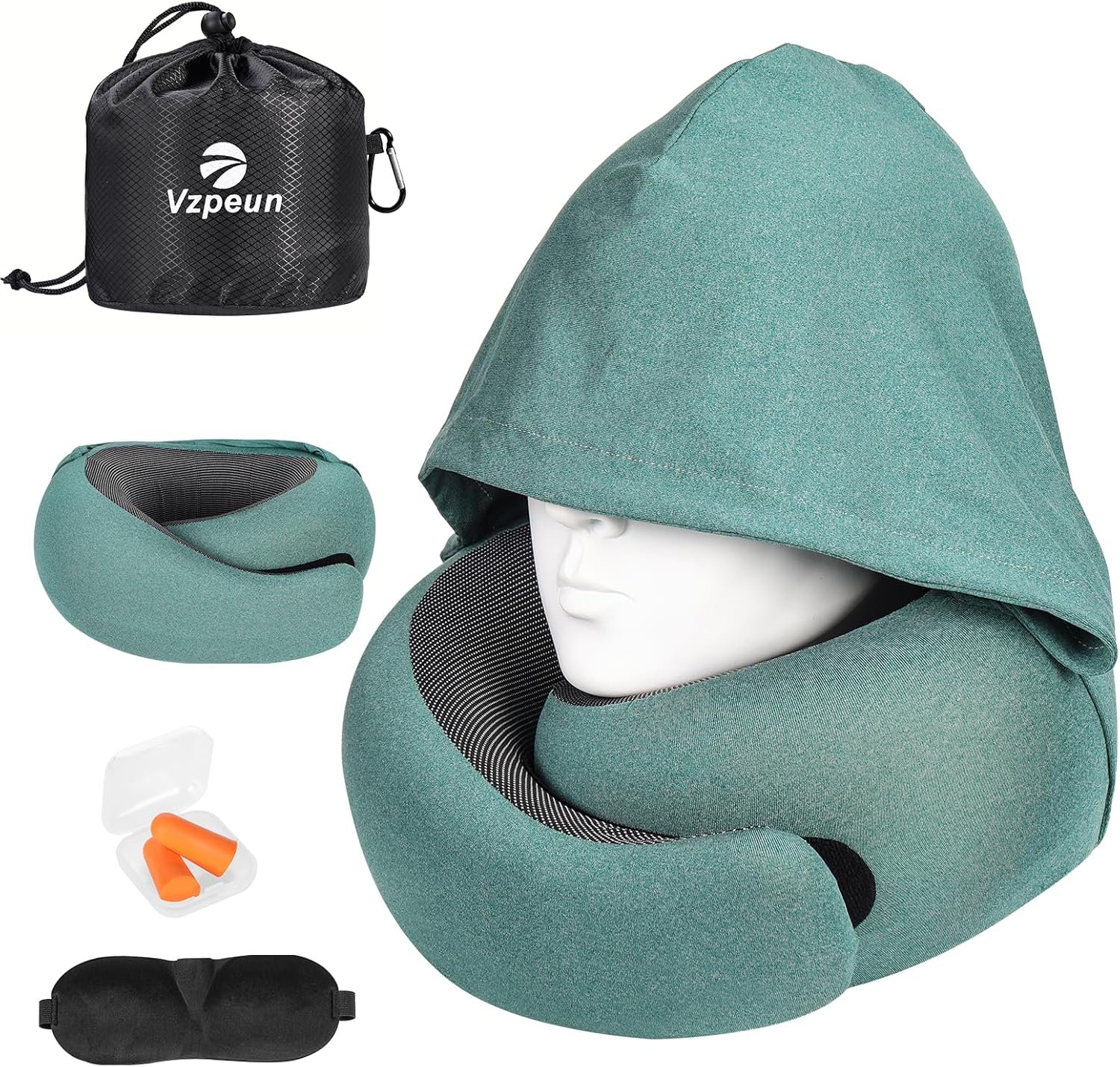 Travel Pillow – Hooded Neck Pillow Airplane Memory Foam Filling for Plane, Office, Cars Sleeping, Road Trip, Long Flights, Airplane Travel Essentials, Includes Eye Mask & Earplugs (Green)