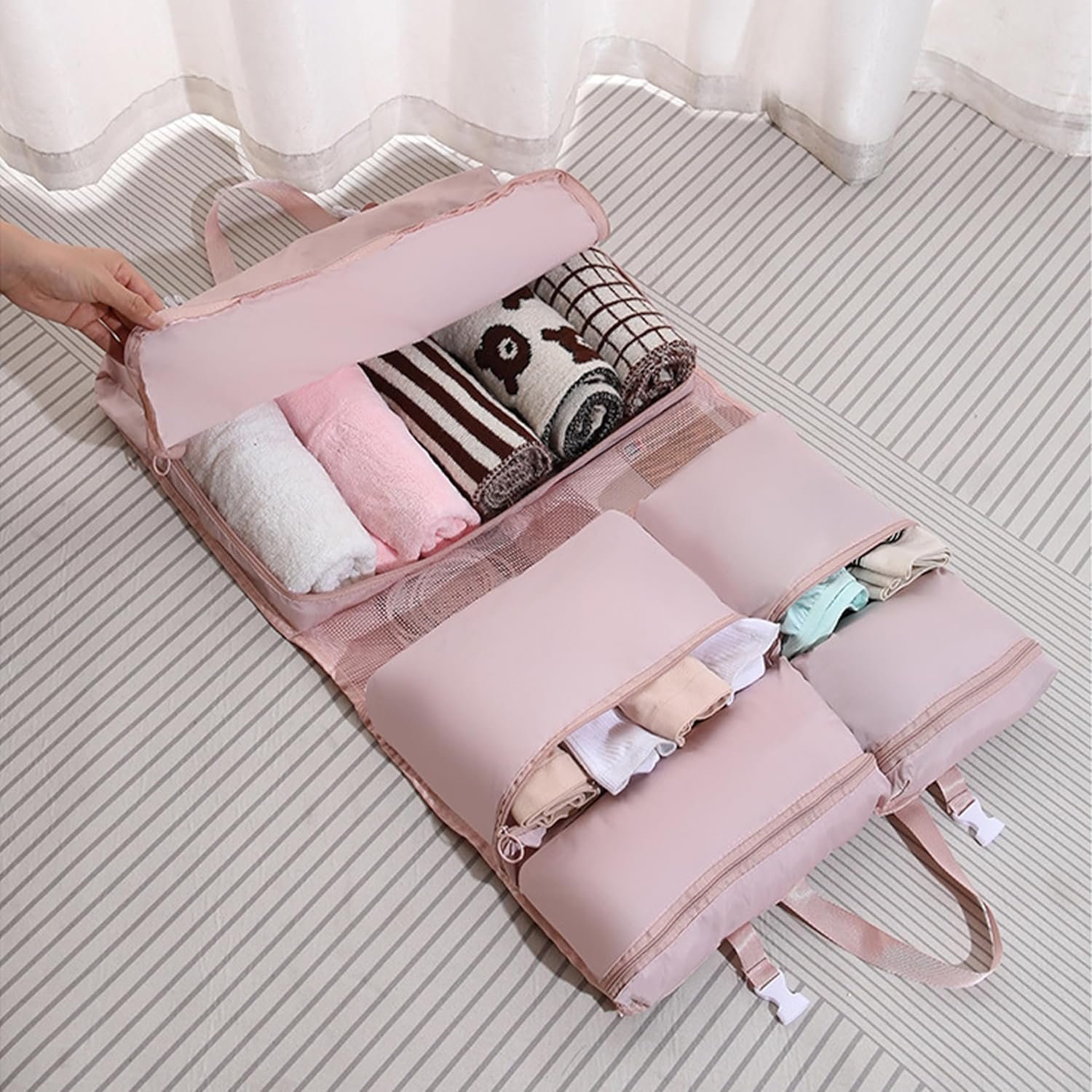 7 Set Packing Cubes Luggage Packing Organizers for Travel Accessories,Clothing Underwear Bag,Multi-layer storage bag,Hanging Pack-ing Cube, Foldable Travel Organizer pink