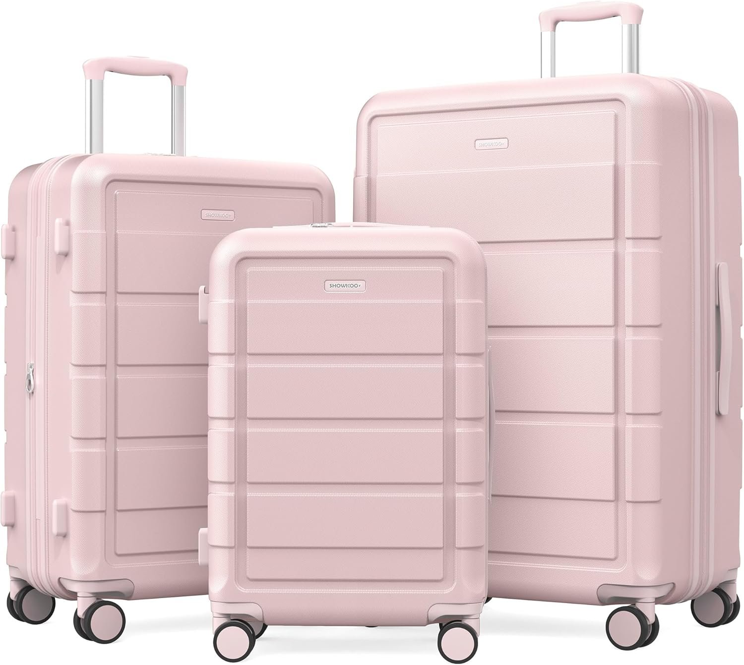 SHOWKOO Upgrade Luggage Sets 3pcs 100% PC Durable Expandable Luggage Suitcase with TSA Lock Double Wheels Pink