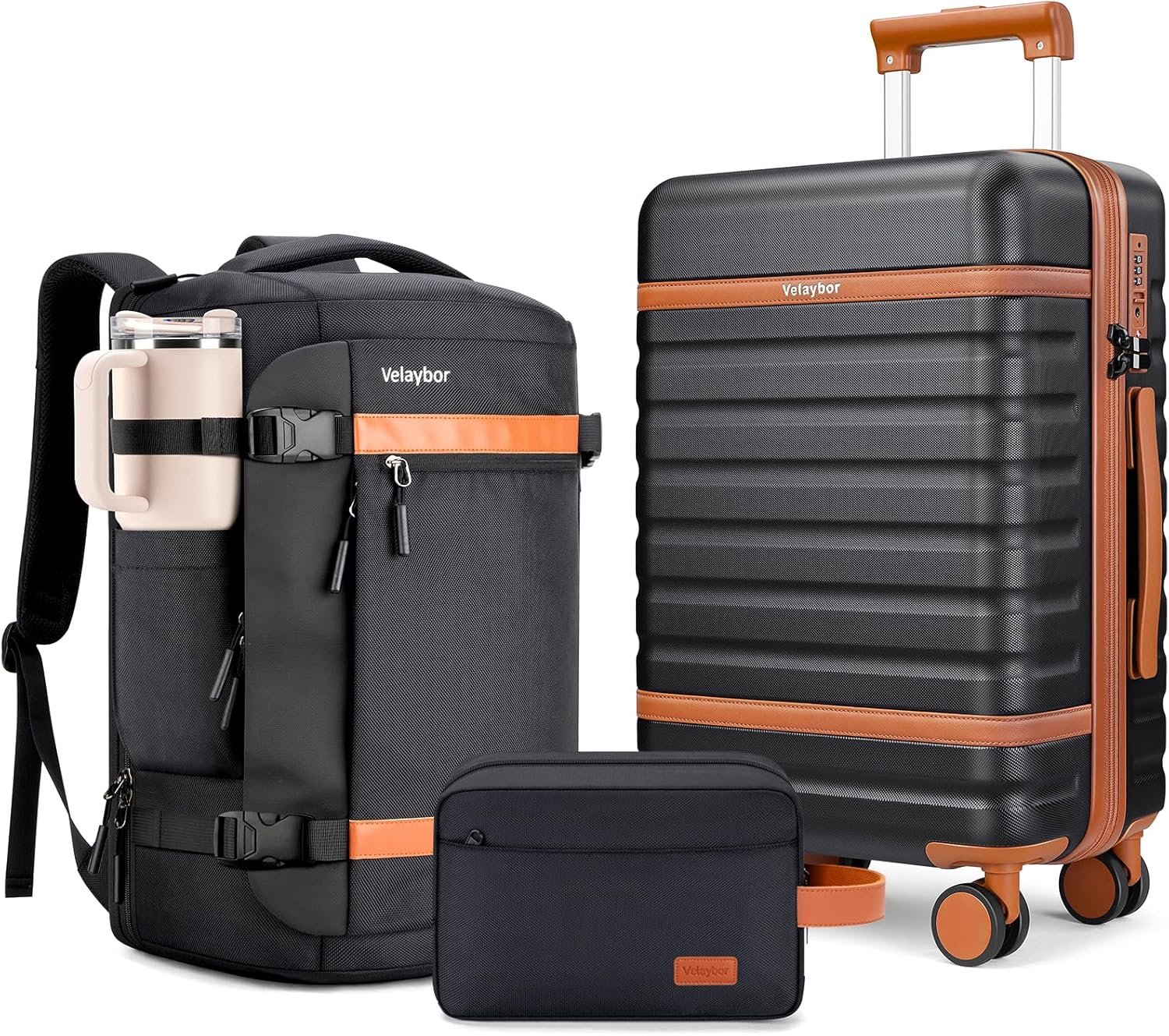 Luggage Sets 3 Piece with Spinner Wheels, Lightweight PC Hardside Suitcase with TSA Lock & YKK Zippers, 20 Inch Carry On Luggage with Travel Bag for Men and Women, Black