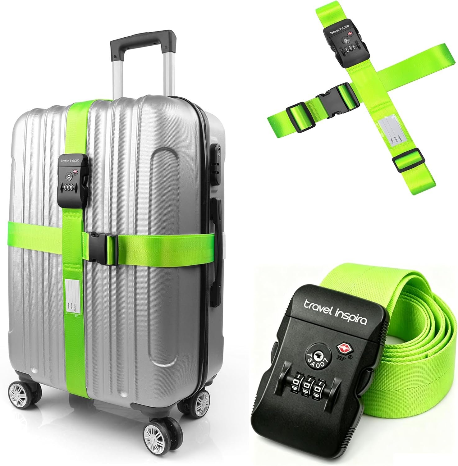 Luggage Straps with TSA Lock, Travel Belt for Luggage, TSA Approved Luggage Straps, 3-Dial Combination Locks Adjustable Suitcase Belt, Quick-Release Buckle (Green), 2 Pack
