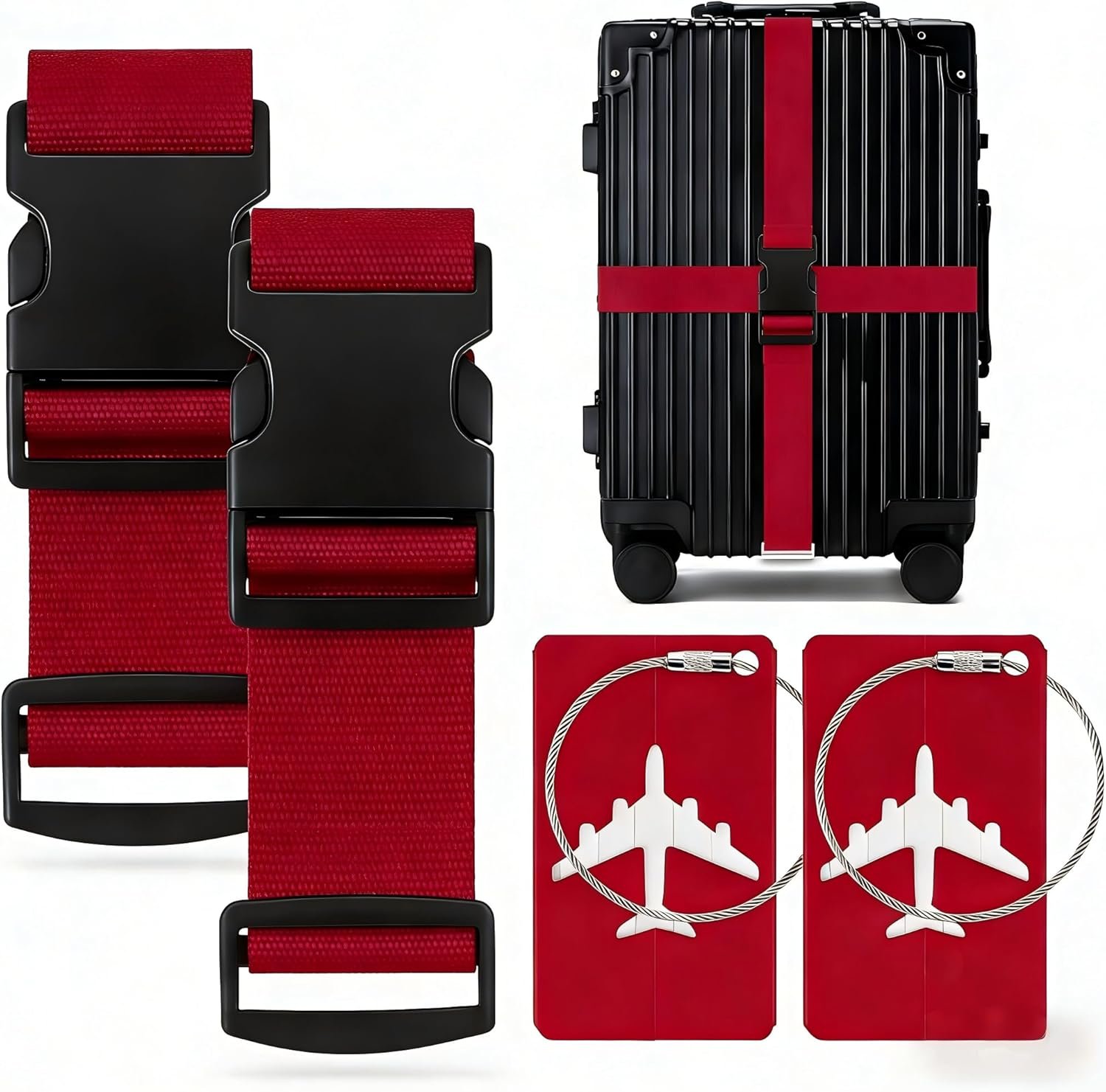 4-piece Set of Lockable Luggage Straps – Two Luggage Straps and Two Luggage Tags to Protect Your Luggage from Bursting, Suitable for suitcases 20-32 in(Red Strap (excluding Password Lock))