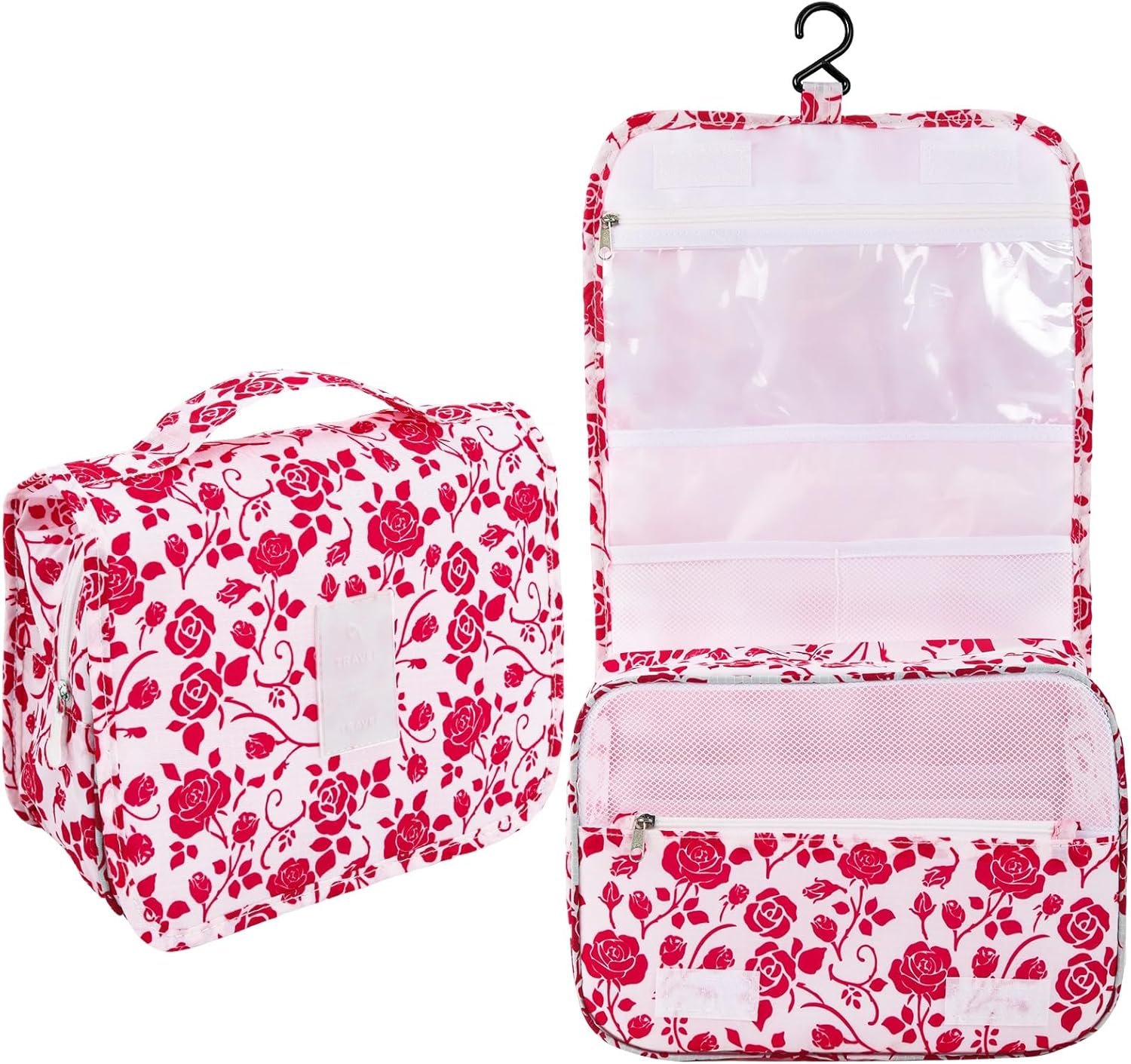 Pengxiaomei Hanging Toiletry Bag, Red Roses Waterproof Cosmetic Bag Portable Makeup Pouch Travel Wash Bag with Handle for Kids Teen Girls Spring Party Mothers Day Gifts