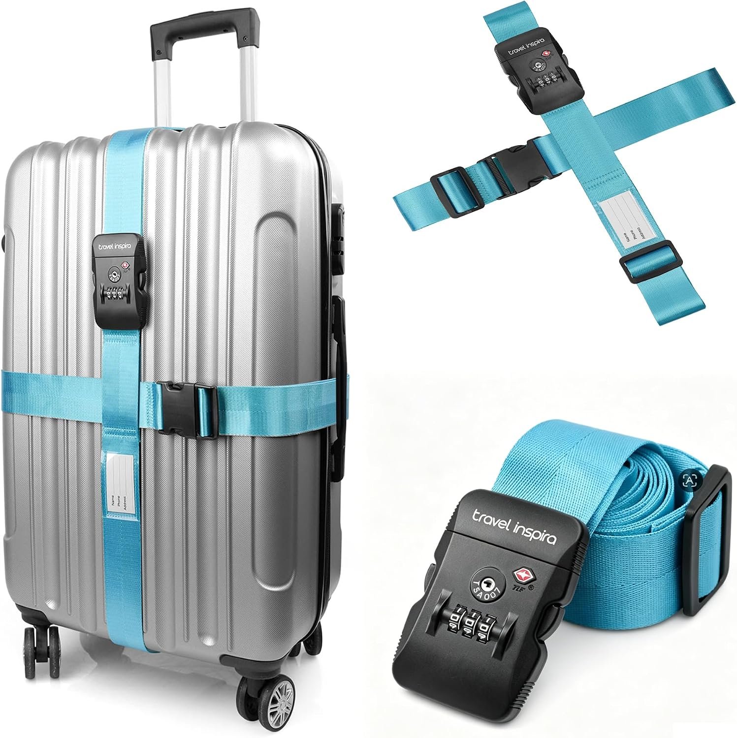 Travel Inspira Luggage Straps with TSA Lock, 2 Pack TSA Approved Suitcase Belt, Heavy Duty Adjustable Cross Design for Added Security, Easy Spot Blue Travel Accessory with ID Tag for 20-32″ Bag