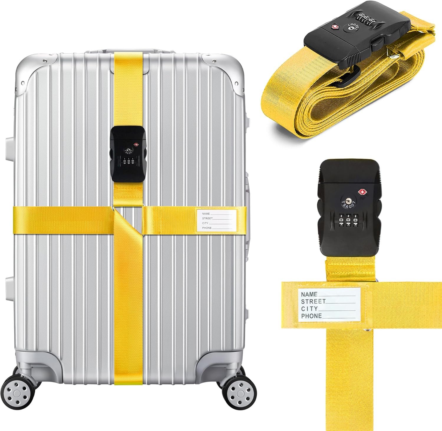 Luggage Straps TSA Approved with Combination Lock, Adjustable Suitcase Belts for 20″-32″ Luggage, with Name ID Card for Identify, Travel Airport Accessories for Checked Bags (Cross Yellow)