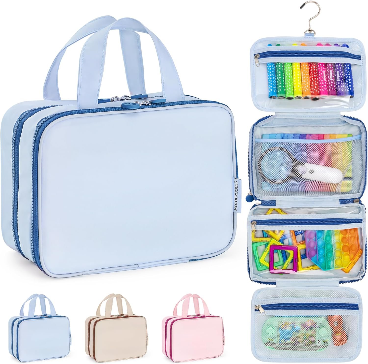Kids Travel Organizer – Multi-Compartment, Water-Resistant Hanging Bag for Toys, Snacks, & Activities – Compact, Lightweight Design with Hook & Carry Handle – Perfect for Travel Use (Blue, Small)