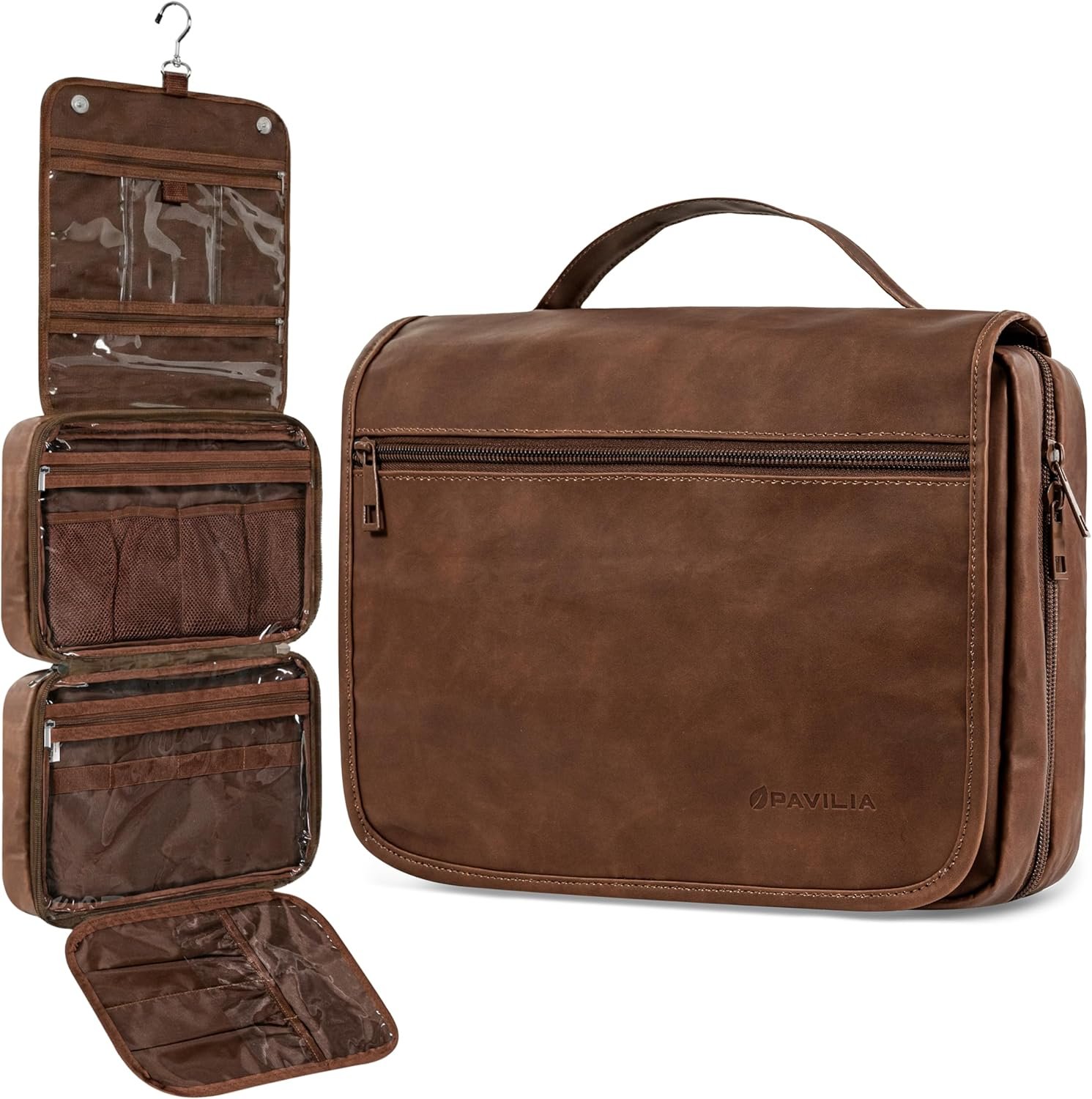 PAVILIA Hanging Toiletry Bag for Men, Large Travel Organizer with 5 Compartments & Swivel Hook, PU Leather Dopp Kit, Foldable Water-Resistant Makeup Cosmetic Bag for Full Size Bottles (Dark Brown)