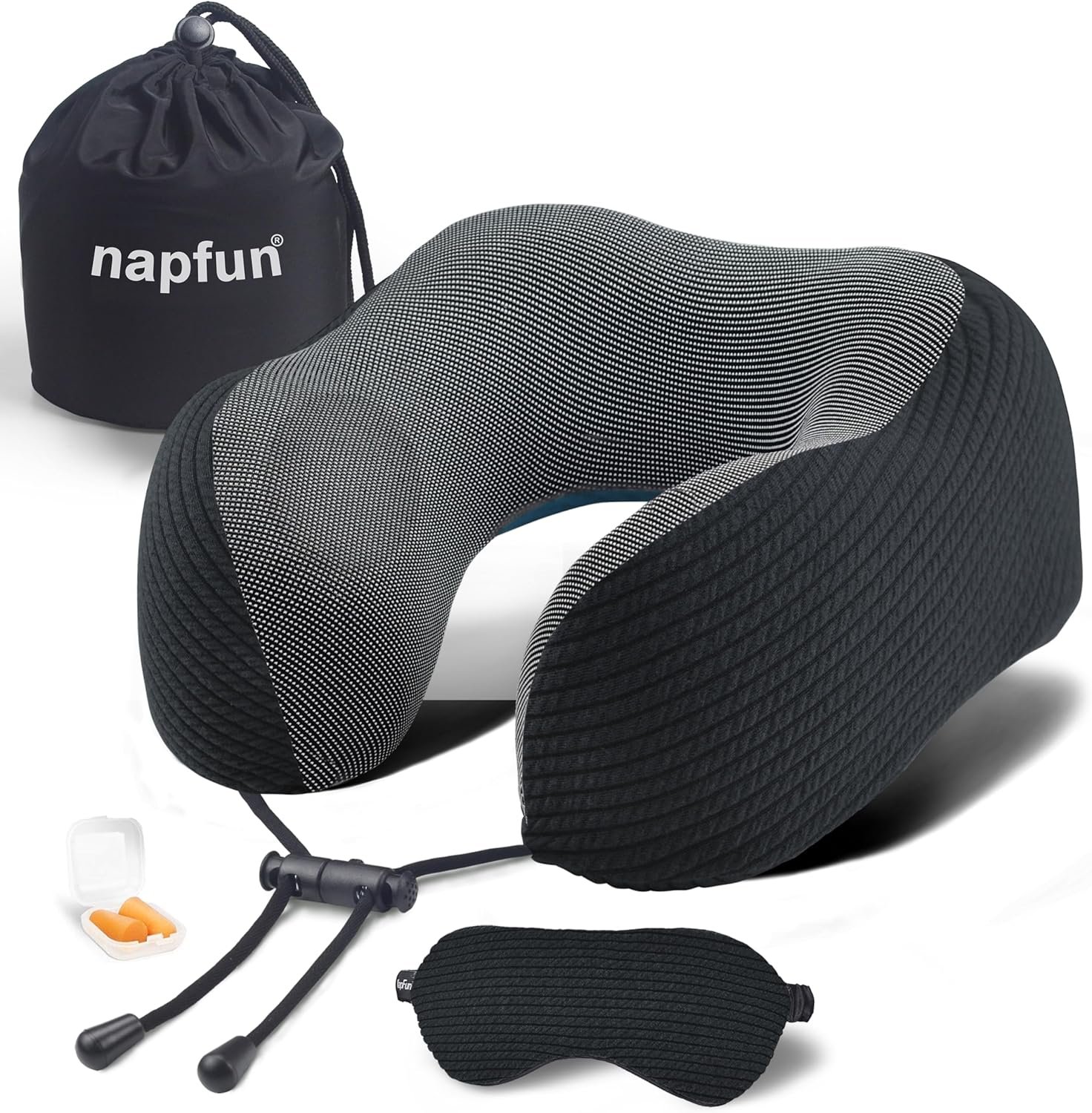 napfun Neck Pillow for Travel with Travel Pouch, Sleep Mask & Earplugs, Memory Foam Airplane Pillow for Headrest Sleep with Eyeshades, Plane Essentials with Eye Blindfold, Black Striped Kit