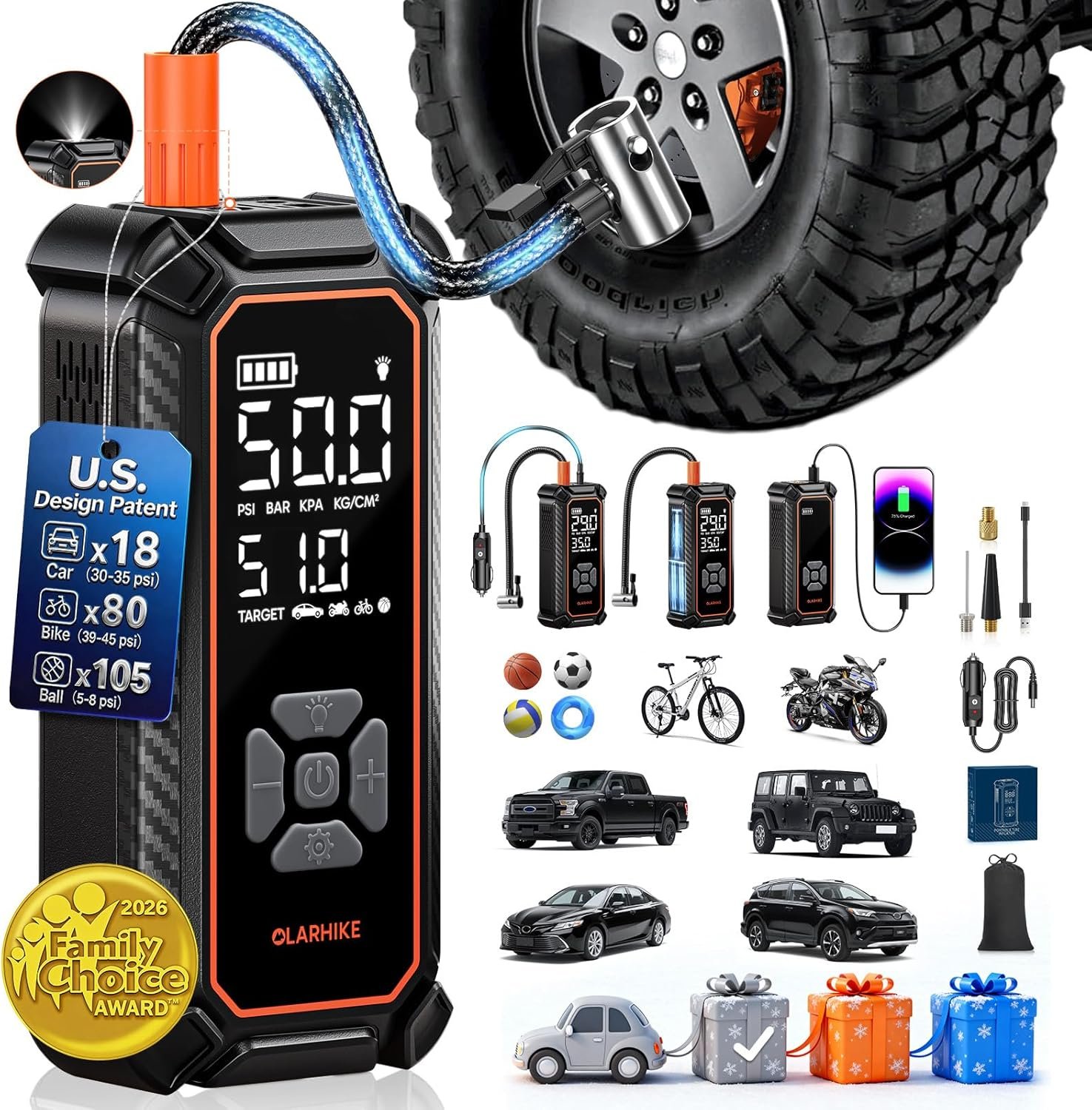 OlarHike Tire Inflator Portable Air Compressor, Lightning-Fast Inflation, Dual Power – 6000mAh & 12V DC, Cordless Air Pump for Car Tires, Bikes, Motorcycle, Balls with LED & Digital Pressure Gauge