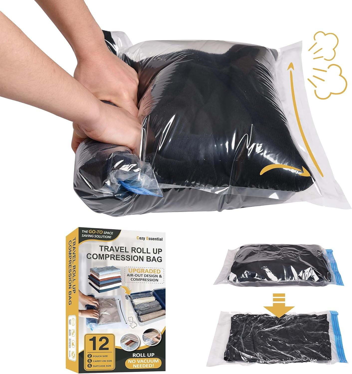 Cozy Essential Compression Bags for Travel – Travel Essentials – 12 Pack Space Saver Plastic Packaging Bags – No Vacuum Needed – Compression Packing Bags for Cruise Accessories