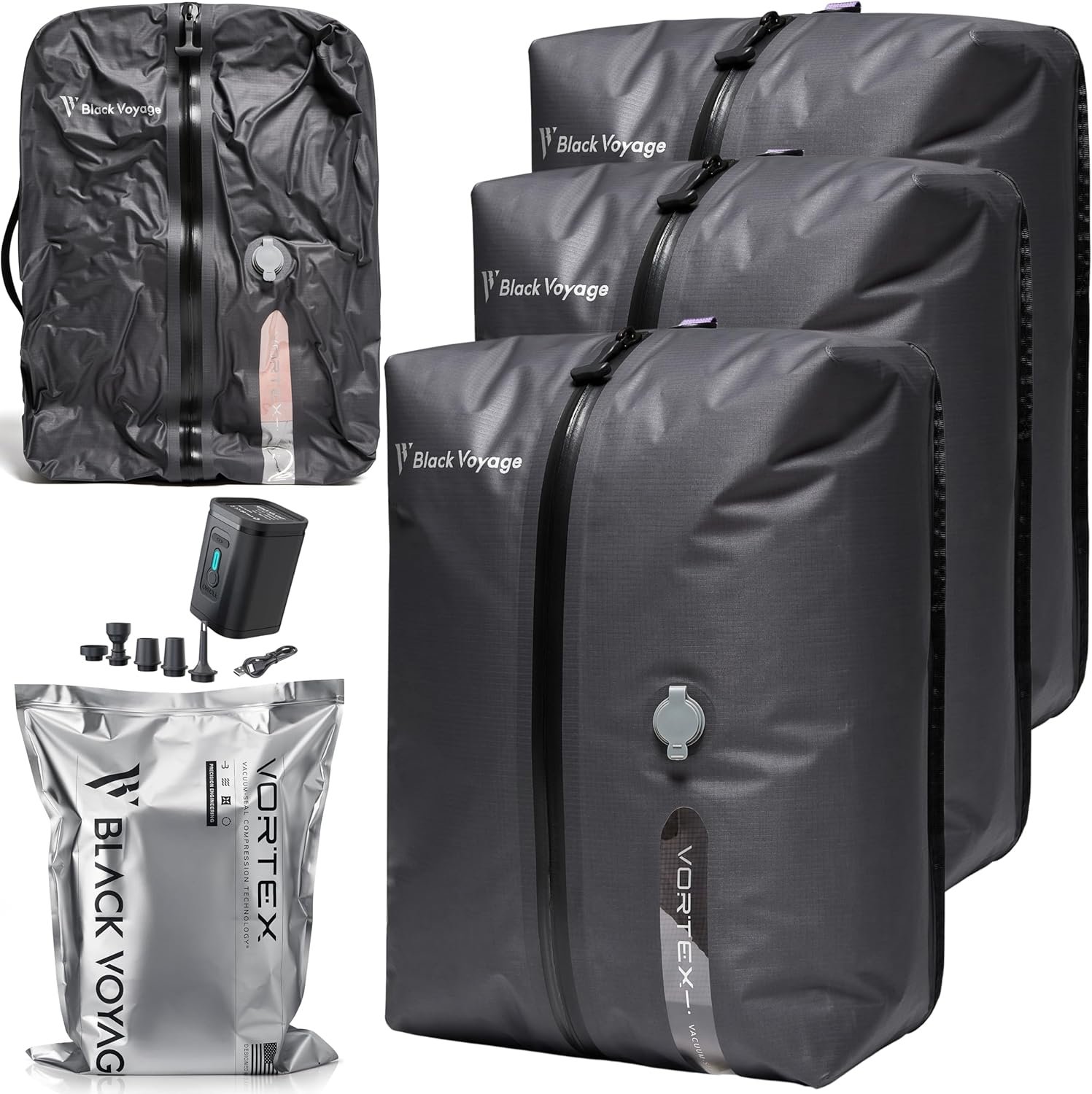 Black Voyage Reusable Vacuum Compression Travel Bag for Carry-On Suitcase and Backpack, Recycled IPX8 Waterproof Space Saver Vacpack (3-Pack, 18L – Pump Included)